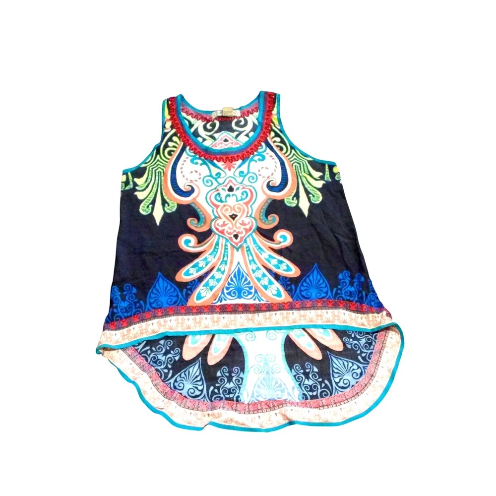 FLYING TOMATO Boho Paisley High Low Sleeveless Tank Top Navy Orange Damask Print